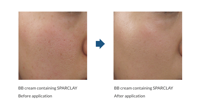 BB cream containing SPARCLAY Before application / BB cream containing SPARCLAY After application
